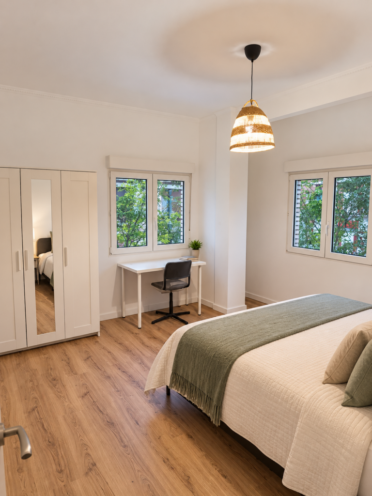 Habitación amplia con dos ventanas, cama doble, escritorio y armario en piso compartido de Illescas