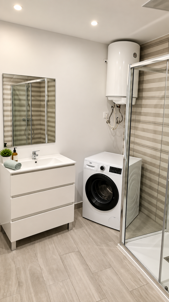 Baño compartido reformado con ducha, mampara y lavadora en piso de Illescas